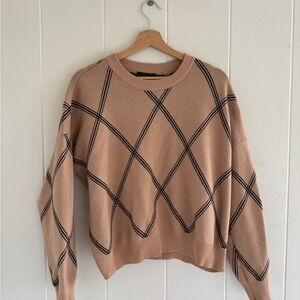 Tahari Tan Crewneck Sweater with Black Argyle Lines